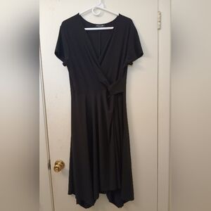 Perceptions Black Faux-Wrap Midi Dress with Side Tie